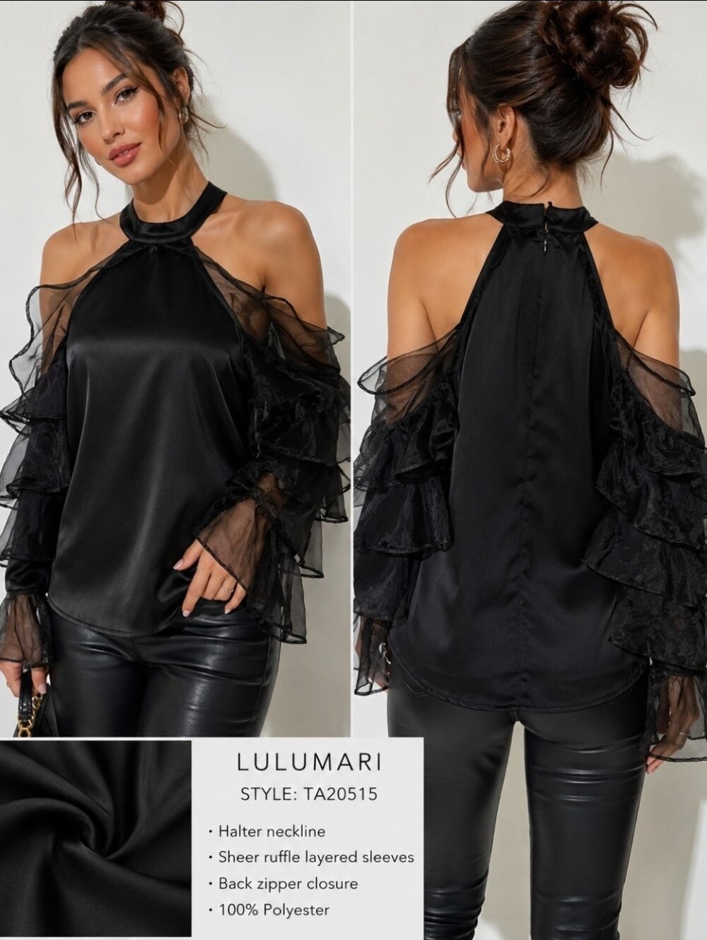 Lulumari Black Ruffle Mesh Sleeve Halter Top Size Medium